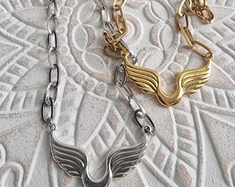 Zierliche Gold Silber Engel Flügel Anhänger Halskette - Edelstahl Kette