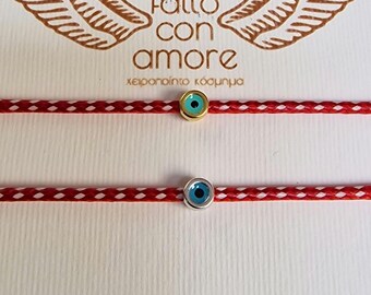 Couples Red and White Evil Eye Bracelet, Greek Martaki Charm