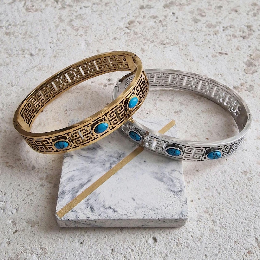 Greek Meander Stainless Steel Bangle Bracelet, Turquoise Stone - Etsy