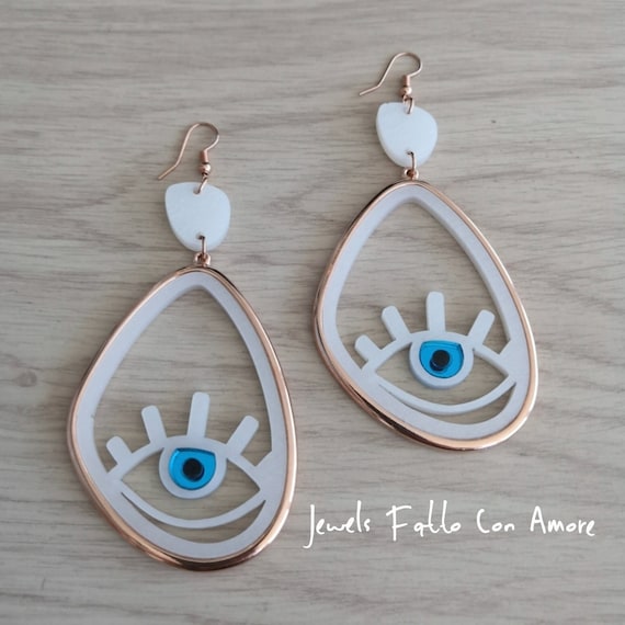 Greek Asymmetric Evil Eye Acrylic Earrings With Lashes White Evil