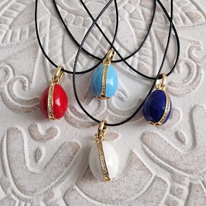 Egg necklace, spring necklace, white blue red light blue enamel gold egg necklace, rhinestones pendant, adjustable necklace,Easter egg charm