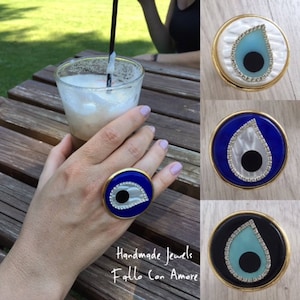 Large round evil eye charm ring, Greek evil eye acrylic ring, amulet ring, protection ring, adjustable ring, statement ring, womens ring