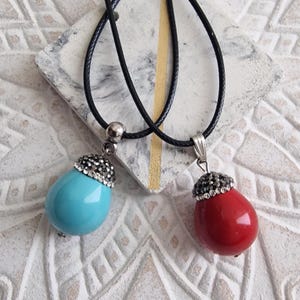 Egg necklace, spring necklace, red light blue enamel egg necklace, marcasite pendant, adjustable necklace, Easter egg charm, gift for her