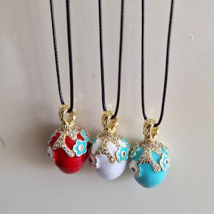 Egg flower necklace, spring necklace, white light blue red enamel gold egg necklace, rhinestones pendant, adjustable necklace, summer gift