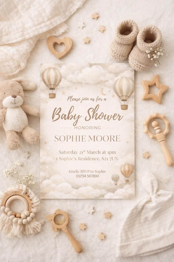 Hot Air Balloon Baby Shower Invitation | Editable Gender Neutral Invite | Beige Baby Shower Canva Template Instant Download