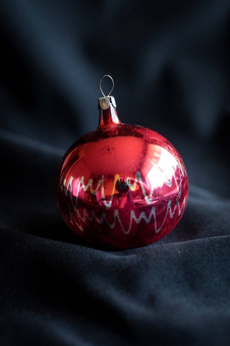 1970s. Christmas Decorations Old Vintage Christmas Tree Glass Toys Soviet Red Ball Glass Ornaments with Waves Made in USSR