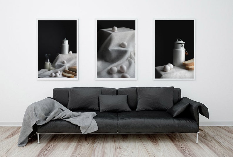 farmhouse wall decor Eggs Kitchen decor set of 3 food print Fine art photography rustic wall art Milk and Bread kitchen art print