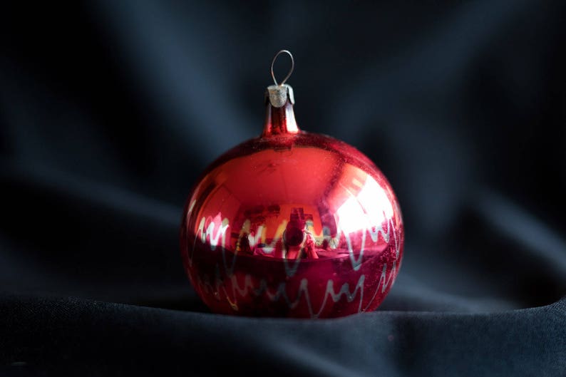 1970s. Christmas Decorations Old Vintage Christmas Tree Glass Toys Soviet Red Ball Glass Ornaments with Waves Made in USSR