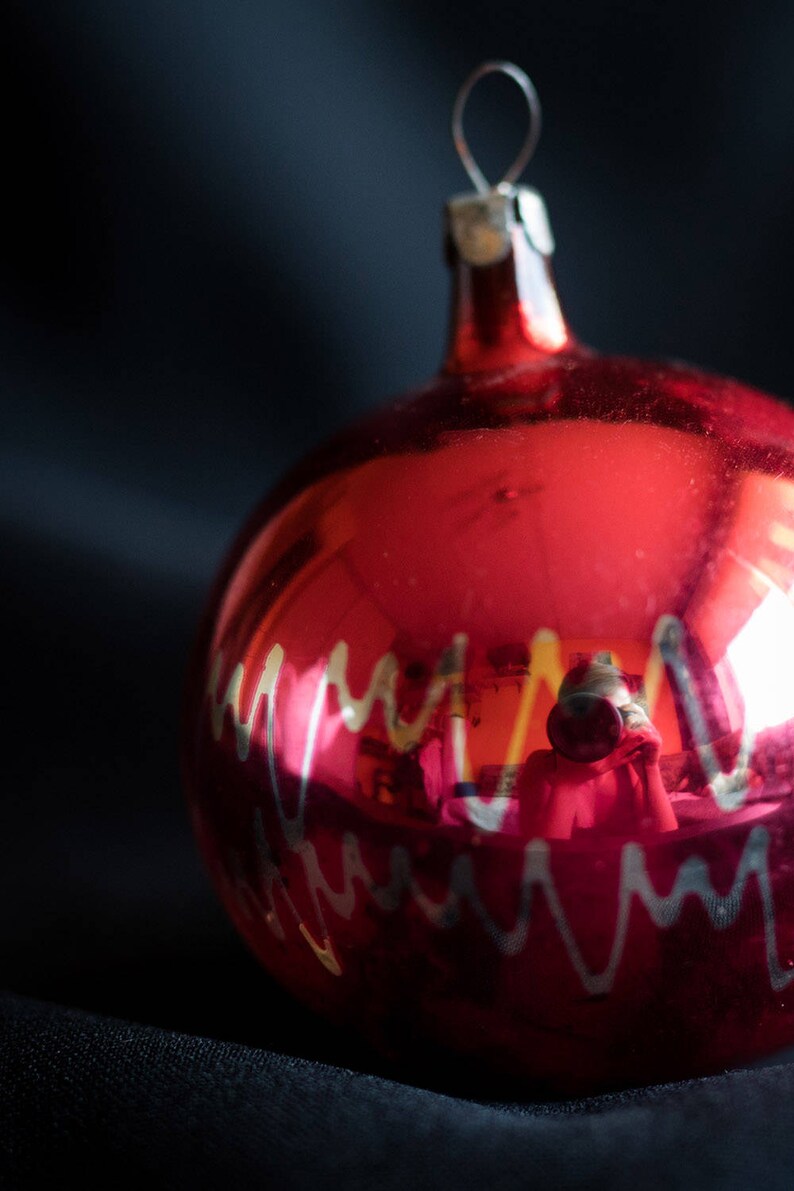 1970s. Christmas Decorations Old Vintage Christmas Tree Glass Toys Soviet Red Ball Glass Ornaments with Waves Made in USSR