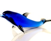 Art Blown Glass Dolphin Figurine , Murano Style Glass Sea Fish Sculpture , Lampwork Blue Miniature Dolphin