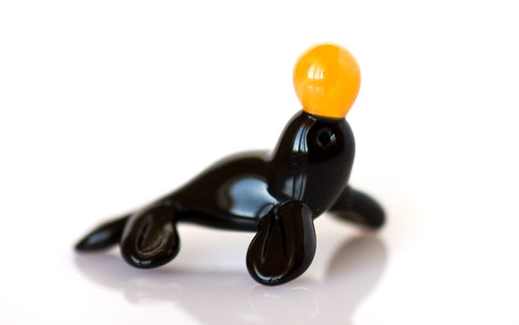 Tiny Original Blown Glass statue Fur Seal blue ball blown Murano handmade Walrus