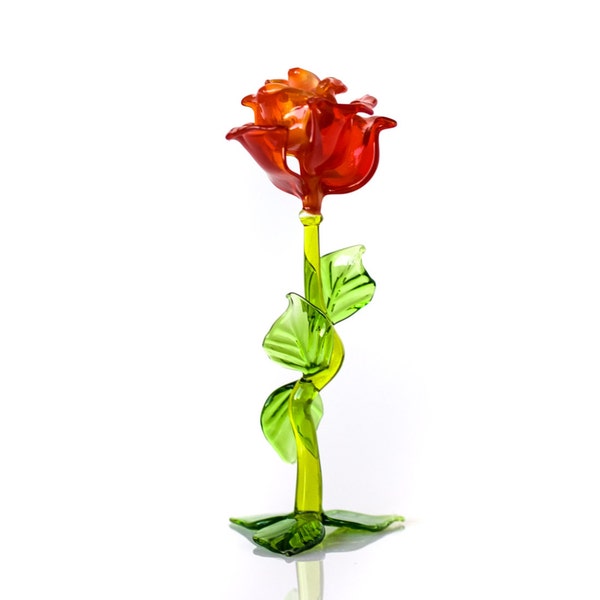 Glas rood Rose Flower beeldje - miniatuur glazen ornament, tedere bloem samenstelling, glas rose beeldhouwkunst
