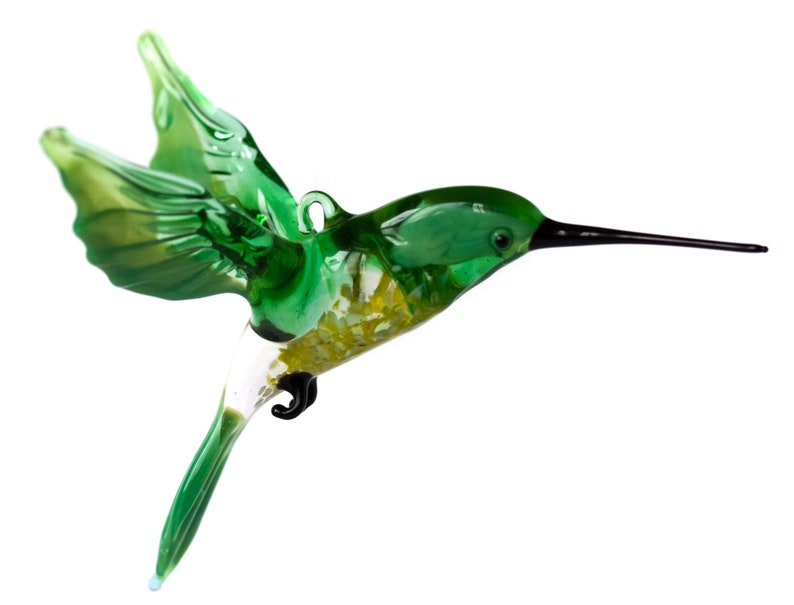 blown glass animal hummingbird yellow wings long beak murano figurine art