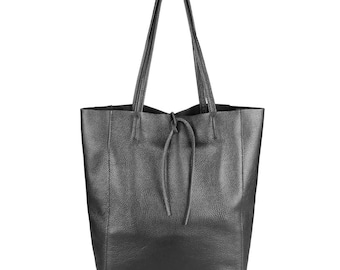 Ladies Real Italian Large Calf BLACK Leather Slouch Hobo Shopper Shoulder Tote Handbag