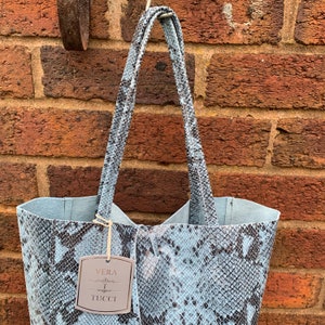 Ladies Italian Large Calf Leather Snake Slouch Hobo Shopper Shoulder Tote Handbag - SKY BLUE