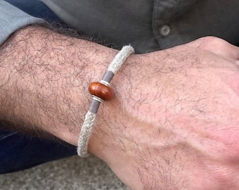 Hemp rope bracelet for men with wood bead. 5th anniversary or birthday gift for a nature lover. Handmade intention jewel