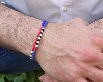 Bracelet homme coloré taille réglable, Cadeau pour homme tissé à la main avec lin bleu et perles de verre, Bijou ethnique et urbain