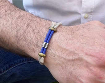Mens Bracelet Woven in Natural Hemp Rope and Blue Linen - Gift for Men, Sporty and Ethnic Style Mens Jewelry, Adjustable Size - CHROMA