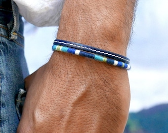 Blue men's bracelet gifts for him, Woven and leather bracelet mens jewelry, Braided bracelet for mens gift, Boyfriend gift for christmas