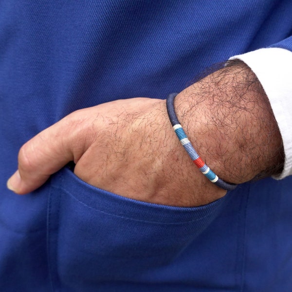 Blue woven mens bracelet, Christmas gift for men, Adjustable bracelet fo men, Nautical mens jewelry, Linen anniversary gift for him