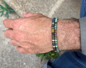 Handwoven and beaded bracelet for men Unique gift for him, Green turquoise beads mens jewelry, brushed stainless steel clasp