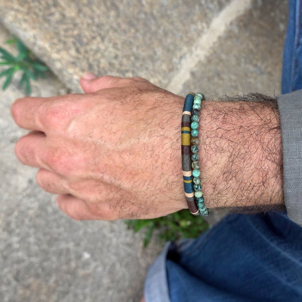 Cadeau pour homme Bracelet pierre naturelle turquoise verte et tissage en lin, Bijoux homme fait main, Cadeau de Noel pour lui