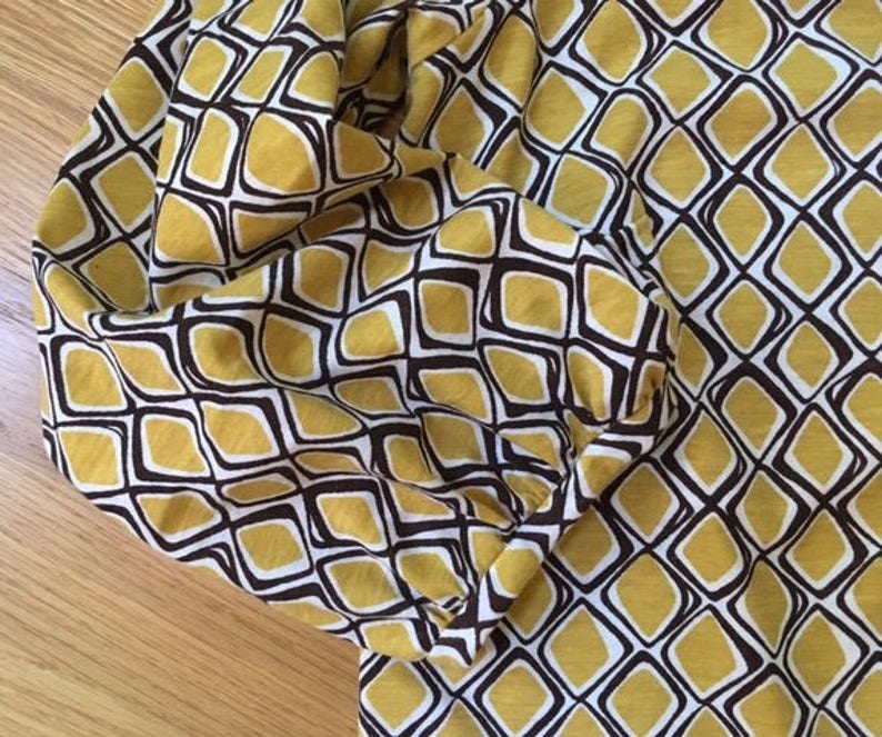 gathered sleeve edge Blouse Boho style one of a kind handmade mustard and brown printed cottonspandex knit fabric top MED