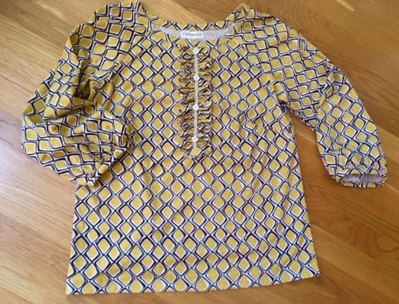 gathered sleeve edge Blouse Boho style one of a kind handmade mustard and brown printed cottonspandex knit fabric top MED