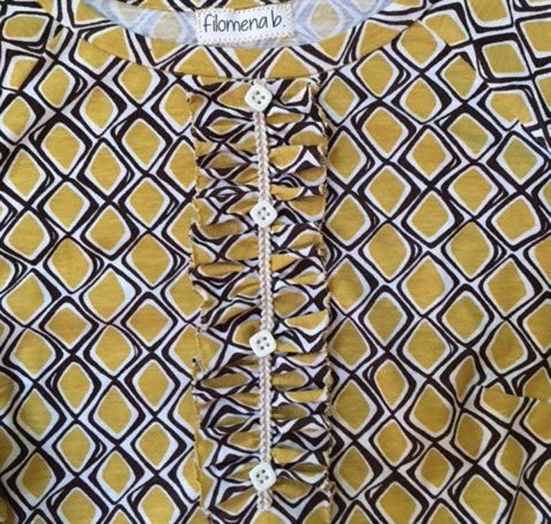 gathered sleeve edge Blouse Boho style one of a kind handmade mustard and brown printed cottonspandex knit fabric top MED
