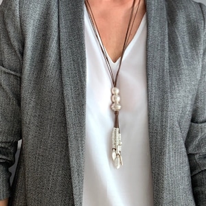 Long Leather necklace for women, Gift for Her, Silver beaded tassel necklace, Mother&#39;s day idea, Boho style,  handmade necklace