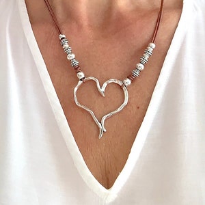 Heart necklace, Silver heart pendant, Leather jewelry for women, Gift for her, Boho heart jewelry, fashion jewelry, Mother's day gift idea
