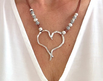 Heart necklace, Silver heart pendant, Leather jewelry for women, Gift for her, Boho heart jewelry, fashion jewelry, Mother's day gift idea