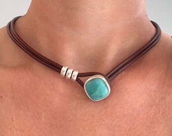 Turquoise necklace Turquoise choker  Women's jewelry Boho leather necklace Turquoise pendant Blue necklace Choker necklace Boho For her