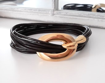 Bracelet en cuir pour femme, Bracelet rangé, Bracelet multirangs cordon en cuir véritable, fermoir plaqué or antique, cadeau pour elle, cadeau de fête des mères