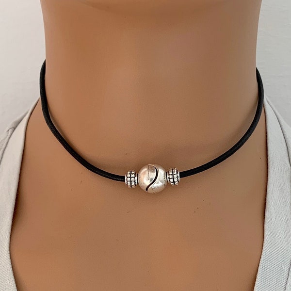 Leather Choker, Simple Leather choker with magnetic clasp, Silver beaded choker, Boho, Mens / Womens Leather necklace, birthday gifts