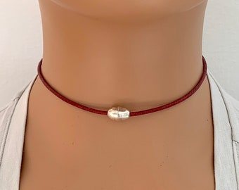 Leather Choker, Simple Leather choker with magnetic clasp, Silver beaded choker, Boho, Mens / Womens Leather necklace, birthday gifts