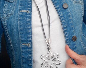 Silver Flower Zamak Pendant Necklace for women, Boho, Trendy jewelry, Flower necklace, Long leather necklace for her,Birthday gift for mom