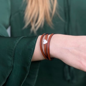 One small Silver Heart bracelet for women, Leather Wrapped Bracelets, Love bracelet, Leather Layering Bracelet for her, Mother&#39;s day gift
