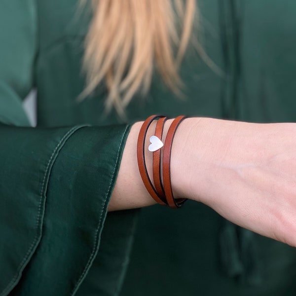 One small Silver Heart bracelet for women, Leather Wrapped Bracelets, Love bracelet, Leather Layering Bracelet for her, Mother's day gift