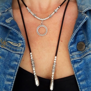 Tour de cou noir, tour de cou bohème végétalien, collier tour de cou, tour de cou cercle sans fin en argent, bijoux bohèmes pour femmes, tour de cou noir