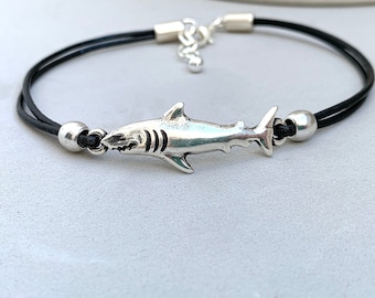 Shark bracelet, Shark leather Bracelet, Silver shark Bracelet, Minimalist bracelet, Xmas gift for him, Unisex bracelet, Nautical bracelet