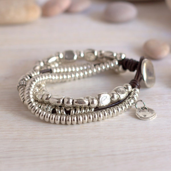 Silver bracelet for women Leather layered bracelet Boho style Bohemian vintage Multilayer Wrap jewelry Hippie birthday Boho style Love Gift