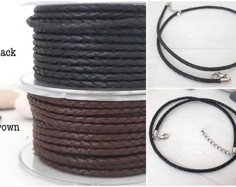 Collana in pelle intrecciata con chiusura in argento, nero/marrone intrecciato 3mm - uomo/donna - 12"/13"/14"/15"/16"/17"/18"/19"/20"/21"/22"/23"