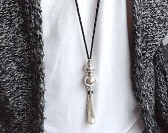 Long Necklace, Silver bar Pendant, Boho necklace for women, Bohemian jewelry, mother's day gift, silver jewelry, Large necklace