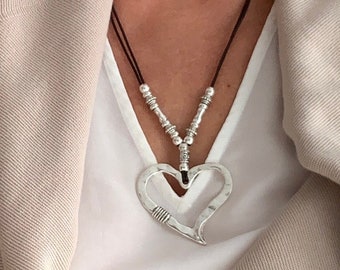 Heart necklace, Silver big heart pendant, Leather jewelry for women, Gift for her, Boho heart jewelry, fashion jewelry, mother's day gift