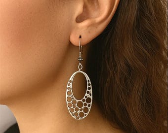 Silver Plated Hoop Earrings, Boho Dangle Earrings, Zamak