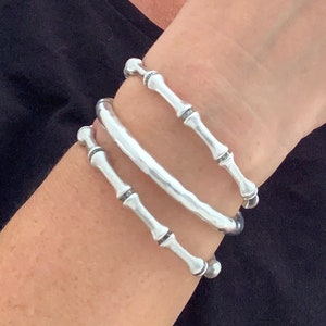 Bamboo silver bracelet, Silver Open cuff Stacked Bracelet, womens bridesmaid gifts, Adjustable rock chic gift for her, boho bangle,