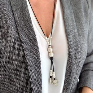 Silver necklace, Long Leather tassel necklace for women, Mother's day idea, Gift for Her, Boho style, Hearts handmade necklace, Xmas gifts image 1