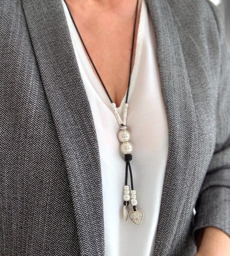 Silver necklace, Long Leather tassel necklace for women, Mother's day idea, Gift for Her, Boho style, Hearts handmade necklace, Xmas gifts image 1