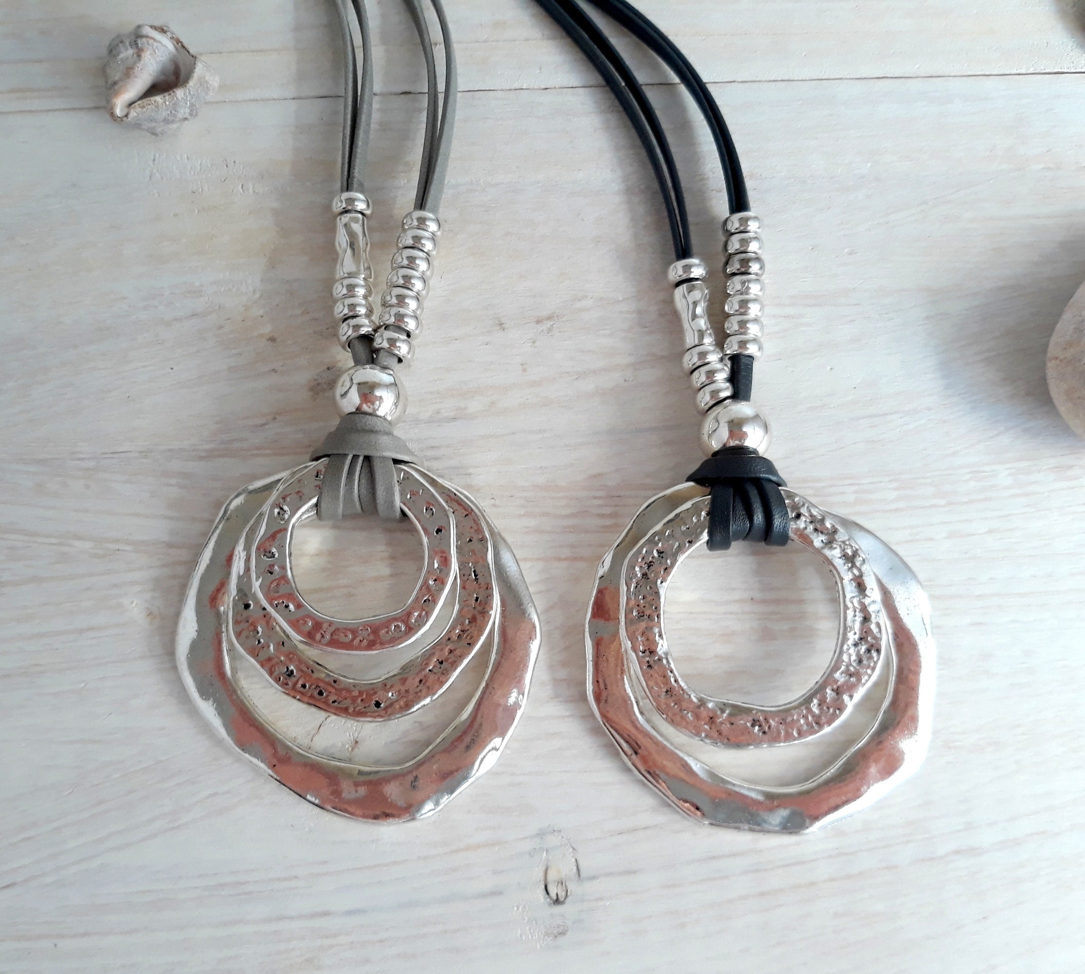 Eliza Gracious Long Leather Necklace with Abstract Loop Pendant Beige/Gold main image 1